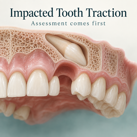 An unerupted tooth is shown beneath the gum in a teaching model. Educational illustration.