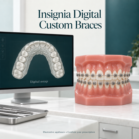 Digital planning and fixed brackets are connected in the Insignia treatment concept. Educational illustration.