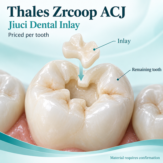 An inlay fits into a local defect in a natural molar. Educational illustration.