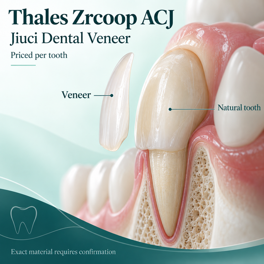 Thin veneer aligned with the front of a natural incisor. Educational illustration.