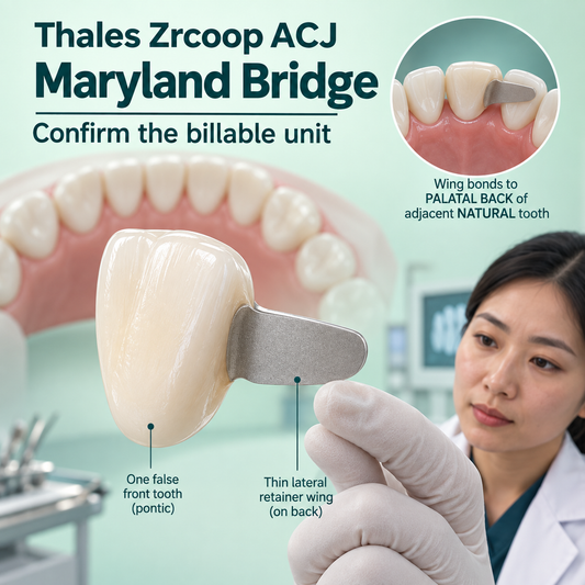 A replacement front tooth and its retainer wing are shown as a bonded bridge concept. Educational illustration.