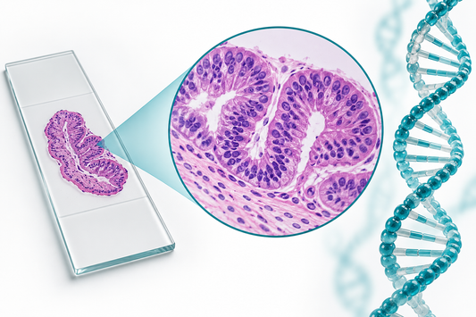 AI-generated educational illustration: a tissue section viewed at microscopic and molecular scales.
