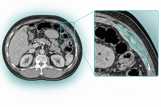 AI-generated conceptual abdominal imaging illustration with a magnified region for peritoneal imaging research.