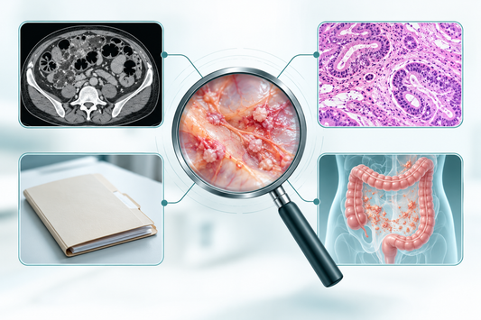 AI-generated conceptual illustration of abdominal imaging, tissue, clinical information and peritoneal disease considered in risk research.