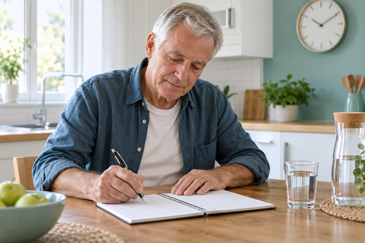AI-generated illustrative scene of an older European man recording daily symptoms at home; not an actual patient or treatment outcome.