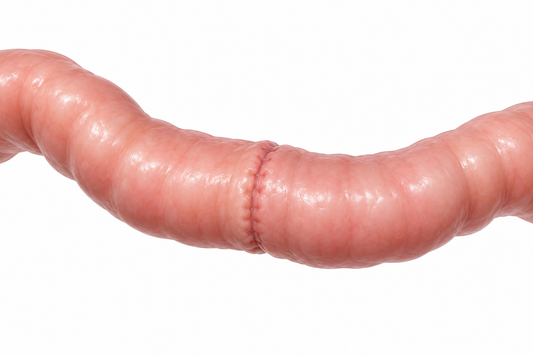 AI-generated conceptual bowel model showing the site of a joined segment studied in anastomotic complications.