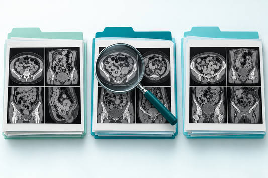 AI-generated illustration of separate abdominal imaging datasets used to explain research-model validation.