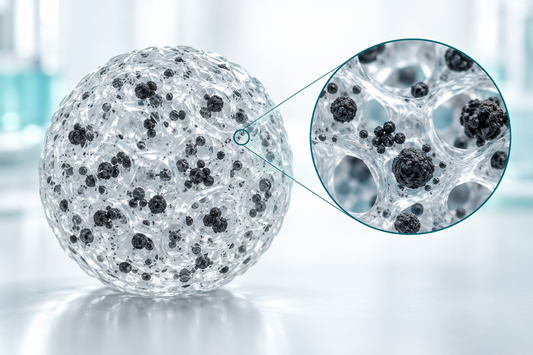 AI-generated educational illustration: Conceptual porous hydrogel containing dark microparticles.