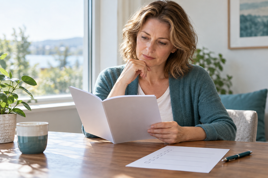 AI-generated illustration of a Western woman reading study information before deciding whether to enquire.