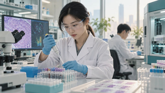 AI-generated illustration for molecular profiling; people and clinical settings are fictional.