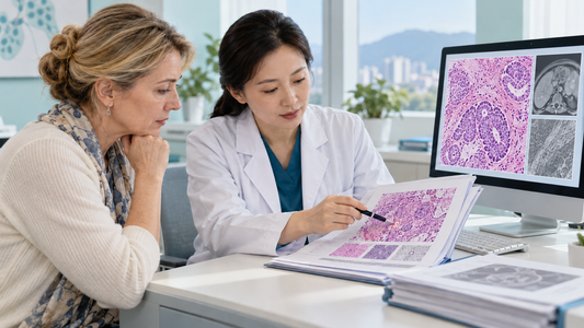 AI-generated illustration: a Chinese oncologist explains pathology and diagnostic records to a newly diagnosed international patient.