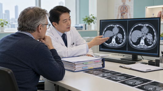 AI-generated illustration: a Chinese oncologist compares prior and current imaging alongside treatment history for further cancer assessment.