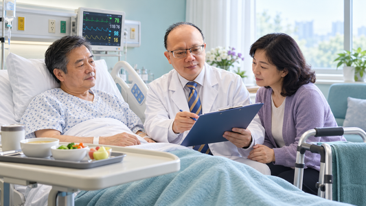 AI educational reconstruction of Professor Hui Wang discussing postoperative monitoring, nutrition, mobility and ongoing support with a patient and caregiver.