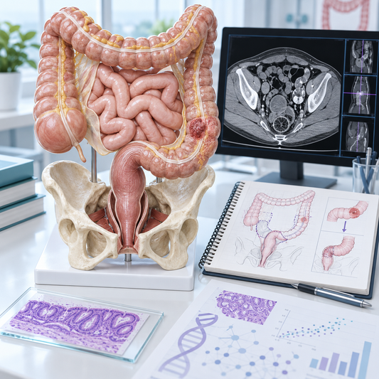 AI educational illustration of colorectal anatomy, imaging and pathology for complex surgical planning.