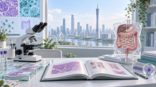 AI-generated conceptual illustration of colorectal research, pathology and education with Guangzhou skyline; not a photograph of The Sixth Affiliated Hospital or its facilities.