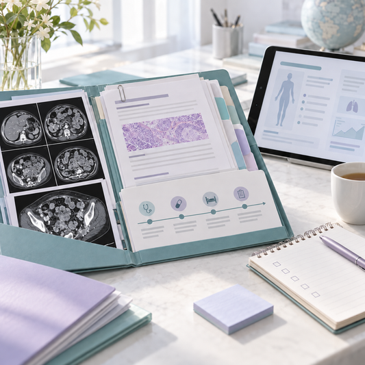 AI-generated illustration of an organized case summary, medical reports, imaging and questions prepared for specialist review.
