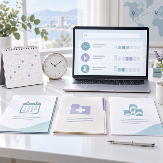 AI-generated illustration of a calendar, medical records checklist and fee estimate for confirming consultation arrangements.