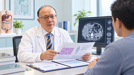 AI educational reconstruction of Professor Hui Wang reviewing imaging, pathology and general health before major abdominal surgery.