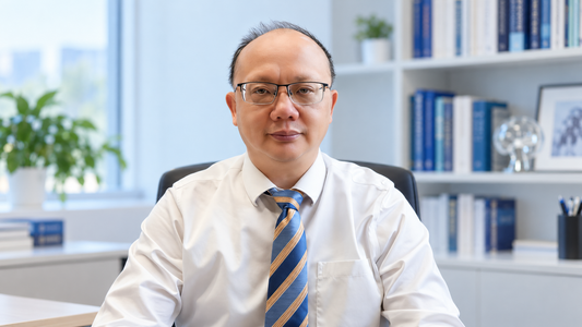 AI-adapted portrait based on Professor Hui Wang's original photograph; illustrative office background.