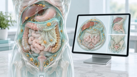 AI-generated educational illustration: peritoneal extent. Conceptual medical illustration, not a patient scan.