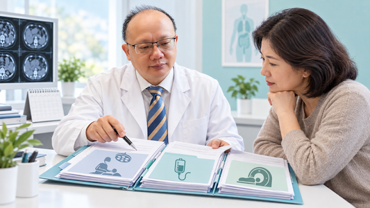 AI-generated educational illustration: previous treatments. Clinician likeness based on Professor Hui Wang's portrait; fictional consultation scene, not an actual patient encounter.