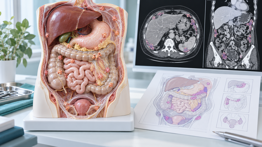 Educational abdominal model and imaging showing peritoneal disease distribution and relationships with abdominal organs for surgical planning.