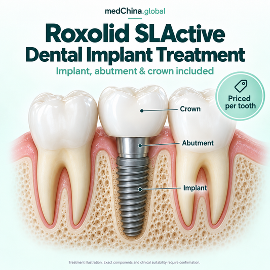 Roxolid SLActive treatment: overview. Educational illustration; exact components require clinical confirmation.
