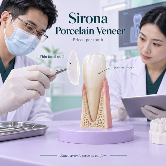 A thin porcelain veneer fits the facial surface of a natural incisor. Educational illustration.