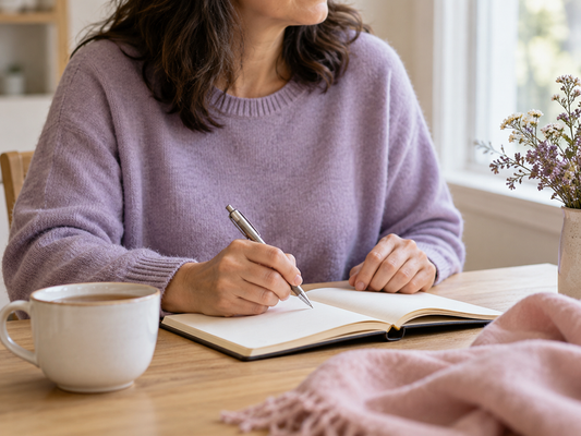 Woman writing questions in a notebook