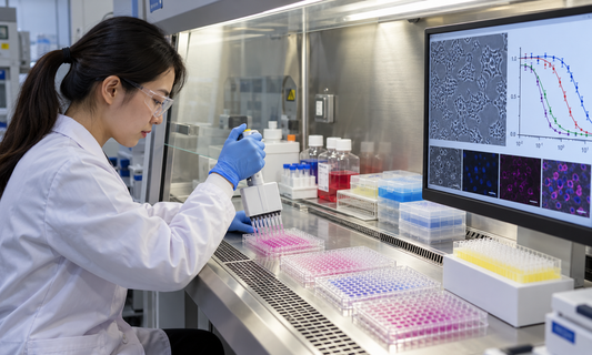 AI-generated illustrative scene: Breast cancer drug-response research