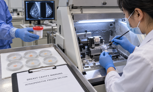 AI-generated illustration of intraoperative breast cavity-margin frozen-section preparation using a cryostat and separate tissue specimens. Not an original clinical photograph from the publication.