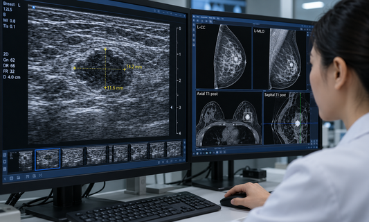 AI-generated illustrative scene: Tumour size and extent assessment using diagnostic imaging