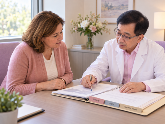 Conceptual consultation scene showing Professor Fengxi Su reviewing pathology, imaging and treatment history records with a woman.