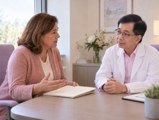 Conceptual consultation scene based on recent photographs of Professor Fengxi Su, listening to an international female patient