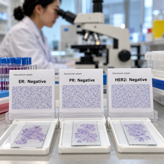 AI-generated illustrative photograph: Triple-Negative Breast Cancer. Illustrative scene, not a real patient or clinical result.