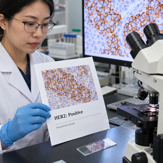 AI-generated illustrative photograph: HER2-Positive Breast Cancer. Illustrative scene, not a real patient or clinical result.