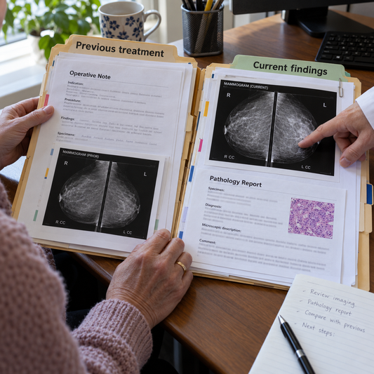AI-generated illustrative photograph: Recurrent Breast Cancer. Illustrative scene, not a real patient or clinical result.