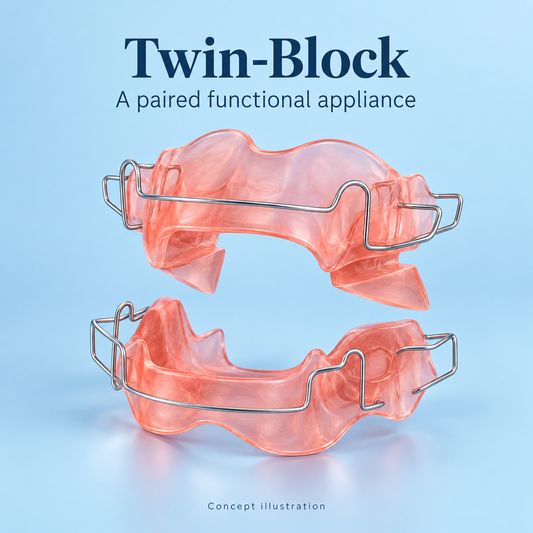 Twin-Block uses separate upper and lower removable components. Educational illustration.