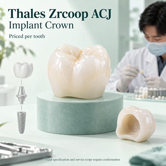Single ceramic implant crown, with supporting implant and abutment shown only as a pale explanatory diagram. Educational illustration.