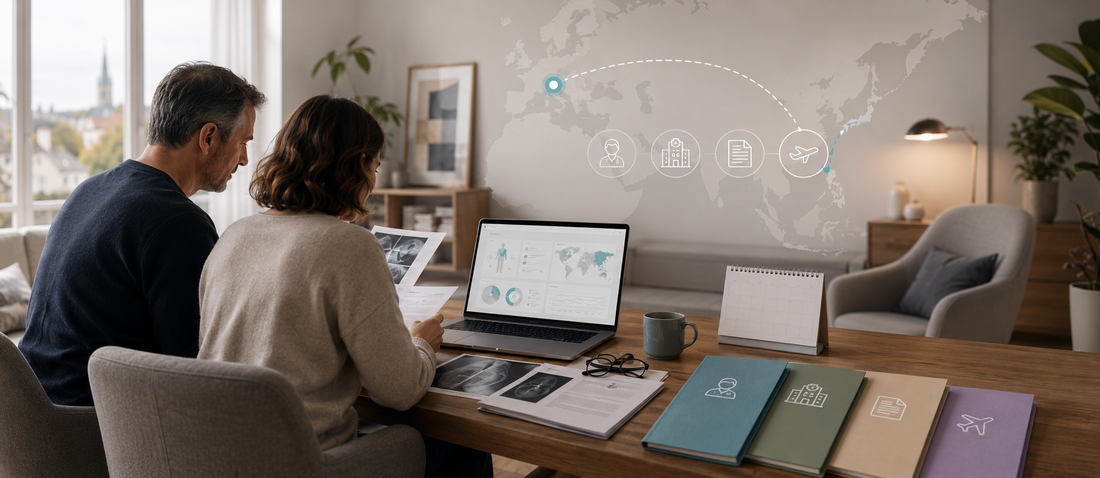 German family reviewing anonymized medical records and overseas healthcare options, representing second opinion, international medical pathways and China treatment evaluation.