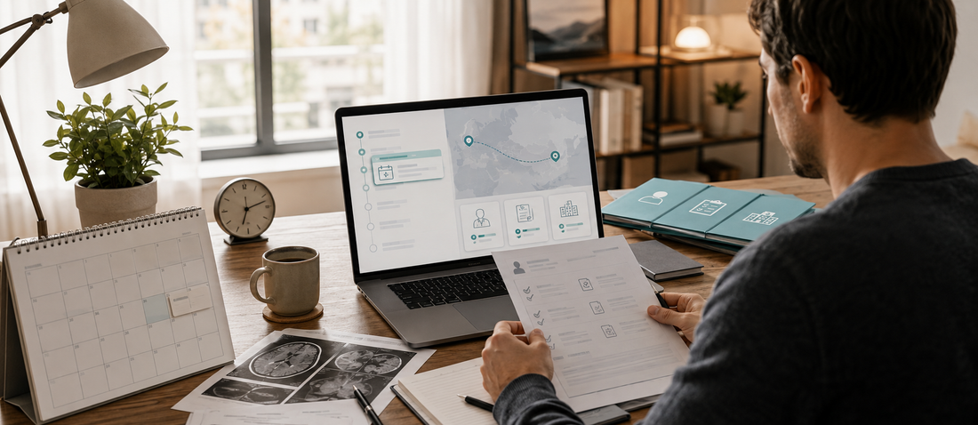 German patient organizing anonymized medical records, appointment calendar and imaging files while exploring second-opinion options for long specialist waiting times.