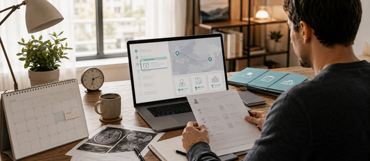 German patient organizing anonymized medical records, appointment calendar and imaging files while exploring second-opinion options for long specialist waiting times.