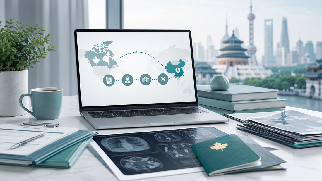 Canadian medical records, imaging files and a digital pathway map representing China medical treatment planning for Canadian patients