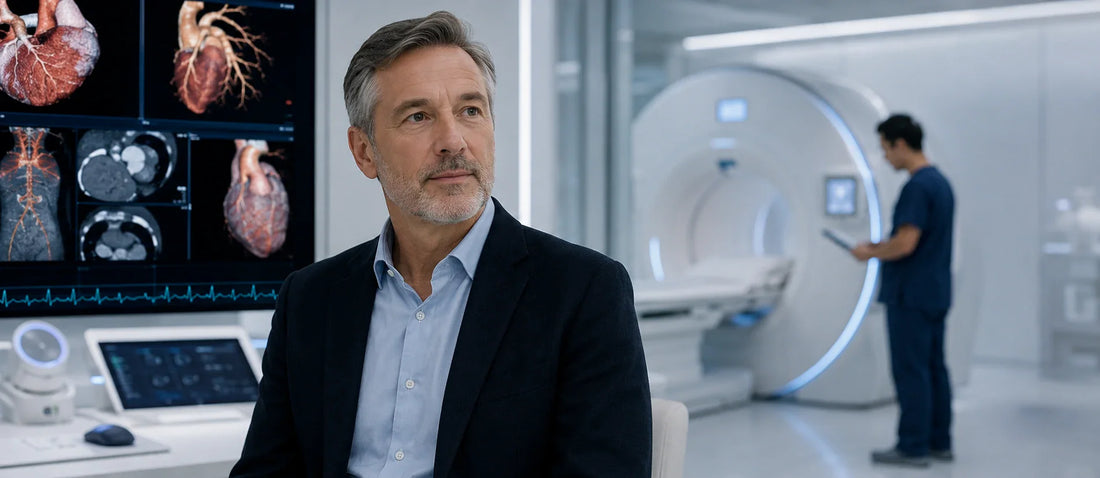 French patient in a premium cardiovascular diagnostic suite reviewing advanced heart imaging with subtle support from a Chinese cardiac specialist, representing early detection and preventive cardiac screening options.