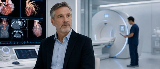 French patient in a premium cardiovascular diagnostic suite reviewing advanced heart imaging with subtle support from a Chinese cardiac specialist, representing early detection and preventive cardiac screening options.