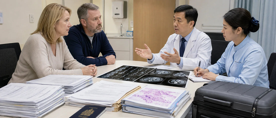 Canadian cancer patient and family reviewing oncology records for a cancer second medical opinion and international pathway review