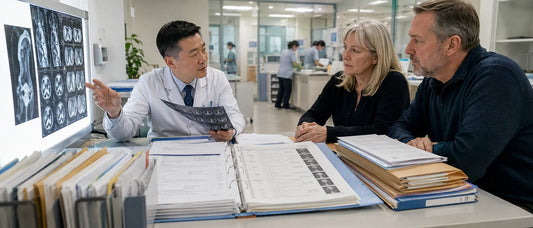 Canadian chronic disease patient reviewing medical records and monitoring logs while exploring faster treatment options abroad for specialist follow-up delays and structured chronic care pathway review.