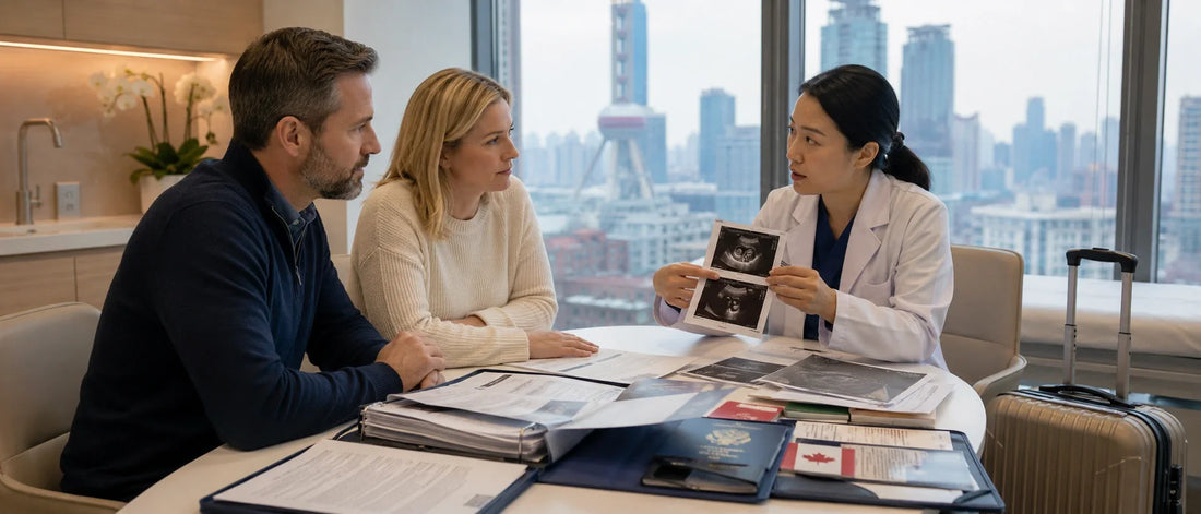 Canadian couple reviewing fertility treatment delays and global fertility options with a fertility specialist during a confidential IVF pathway assessment.