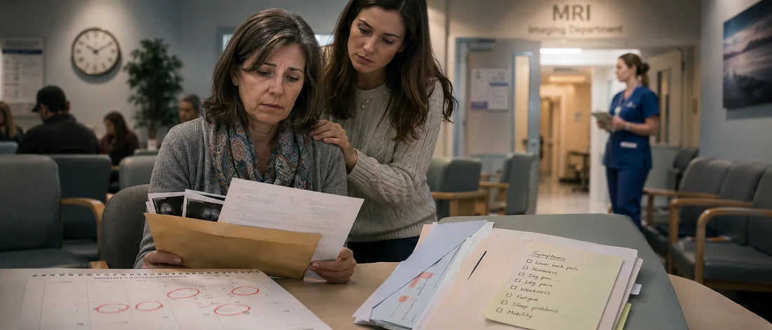 Canadian patient waiting for an MRI scan while reviewing medical records and diagnostic options during MRI wait times in Canada