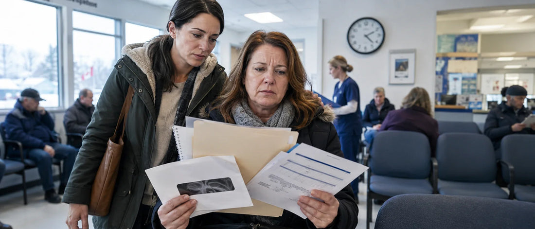 Canadian patient reviewing specialist wait times, medical records, and cross-border medical pathway options for treatment in China